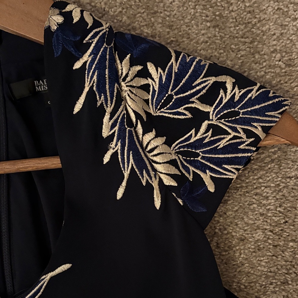 Badgley Mischka Navy Midi Dress with White & Blue Embroidered Floral Print - Picture 5 of 16